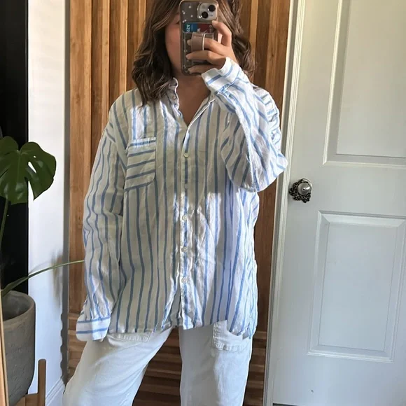 J Jill Love Linen Shirt Top Blue White Long Sleeve Striped. Size XL - Picture 10 of 12
